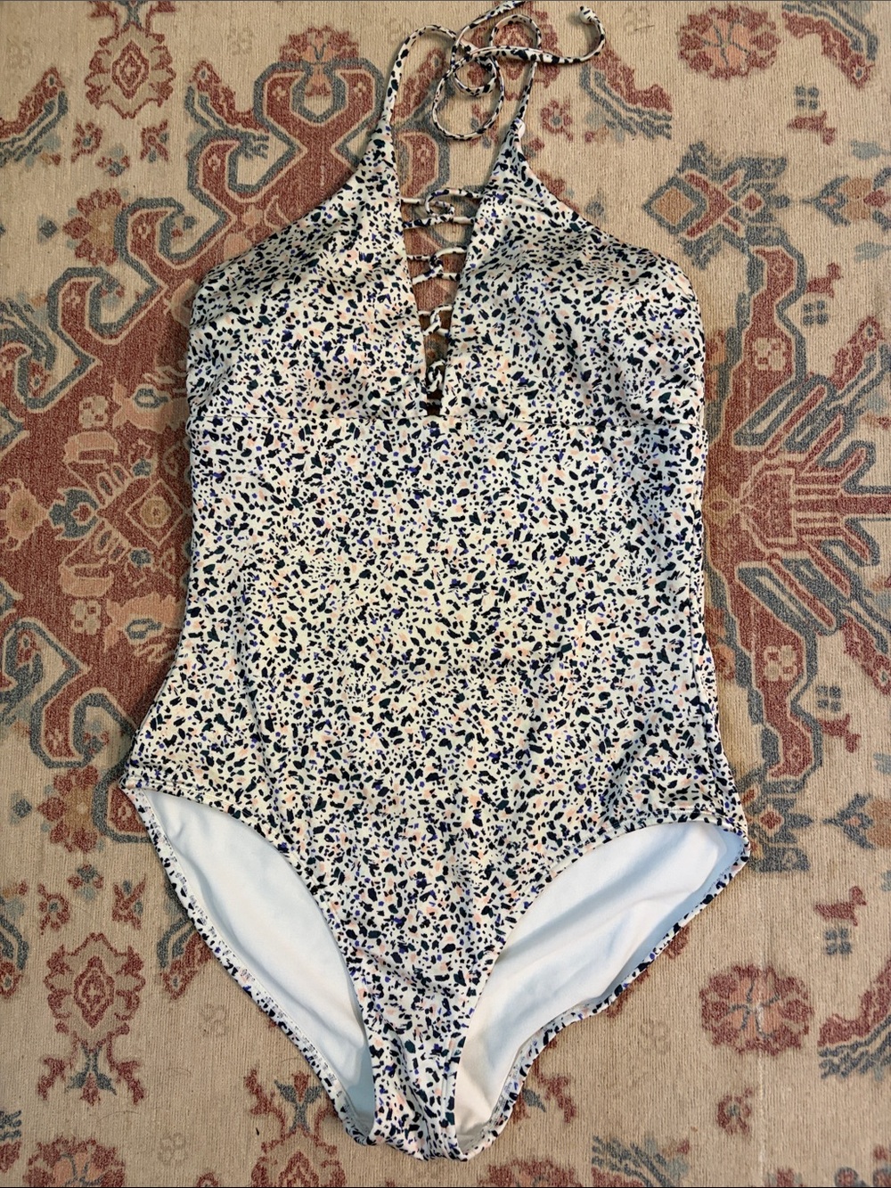 Athleta White Halter One-Piece Swimsuit with Black and Dark Green Speckled Print